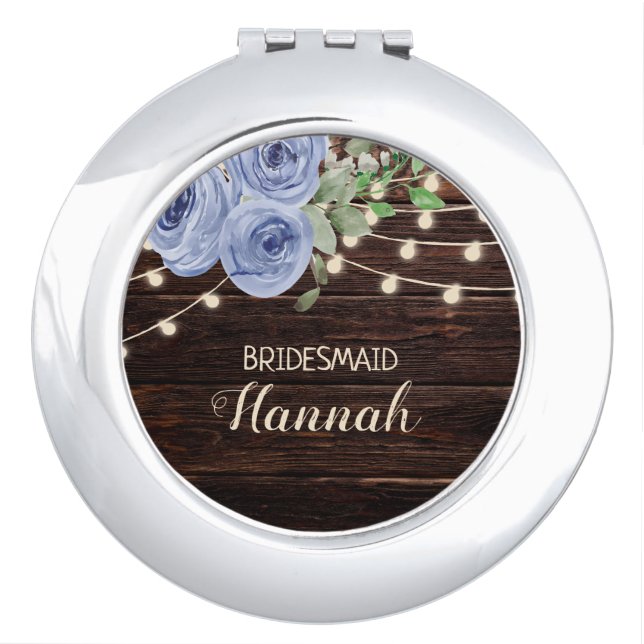 Bridesmaid Rustic Wood String Lights Blue Floral Compact Mirror (Front)
