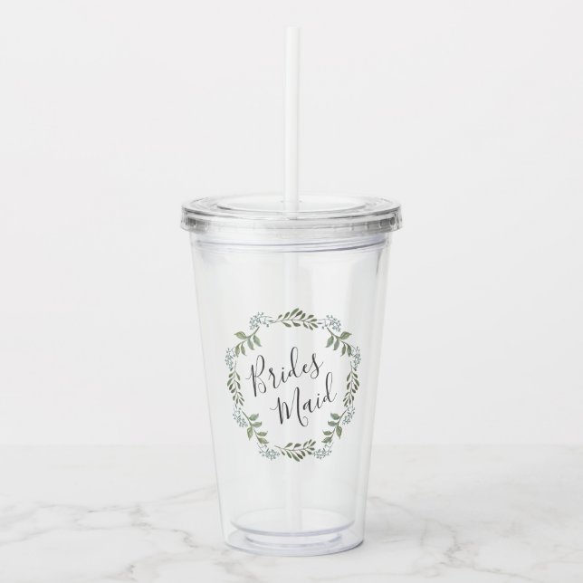 Bridesmaid Sage Greenery Botanical Wreath Wedding Acrylic Tumbler (Front)