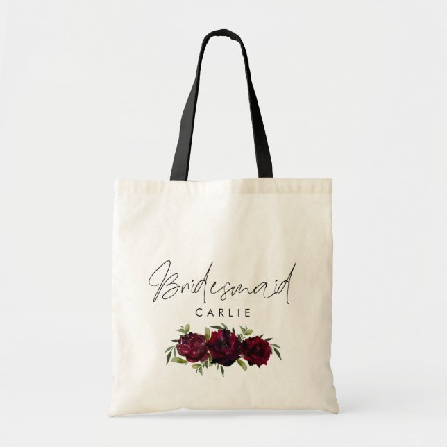 Bridesmaid Scrip Name Burgundy Roses Floral Tote Bag (Front)