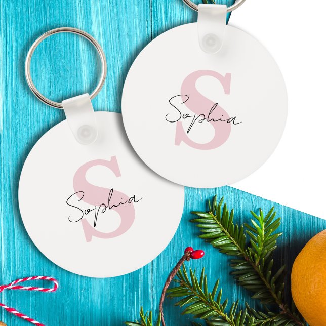 Bridesmaid Script Name and Pink Initial Monogram Keychain (Creator Uploaded)