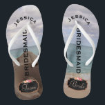 Bridesmaid Seashell Beach Wedding | Team Bride Flip Flops<br><div class="desc">Customized, beautiful beach wedding flip flop sandals- Background is photo of Caribbean island beach. Left sandal has closeup of conch seashell with turquoise water and sky in the background. Right thong flip flop has sandy beach with waves washing up on it and the cloudy sky above. Faux chalkboard design at...</div>