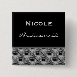 Bridesmaid Silver and Black Peacock Wedding Pinback Button