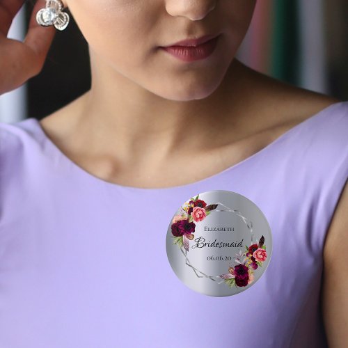 Bridesmaid silver florals burgundy button