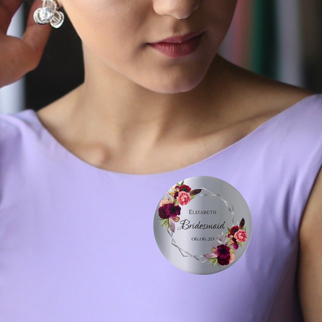 Bridesmaid silver florals burgundy button (Creator Uploaded)