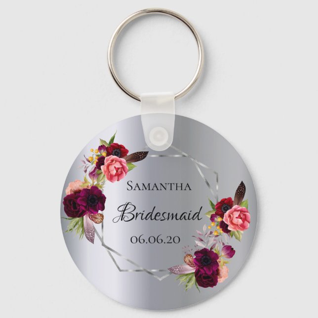 Bridesmaid silver florals burgundy keychain (Front)