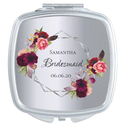 Bridesmaid silver florals burgundy name compact mirror