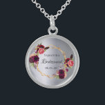 Bridesmaid silver florals burgundy sterling silver necklace<br><div class="desc">A trendy bohemian boho style gift for the Bridesmaid. Decorated with watercolored roses in burgundy and pink. Elegant faux silver looking background. A faux gold geometric frame. With the text: Bridesmaid written with a hand lettered style script. Template for the Bridesmaid name and a date. Black colored letters. Perfect for...</div>