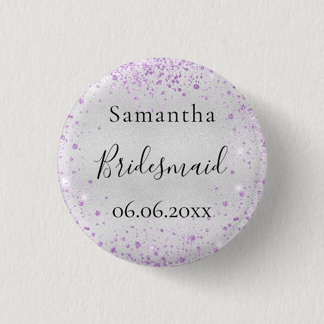 Bridesmaid silver violet sparkle elegant name button (Front)