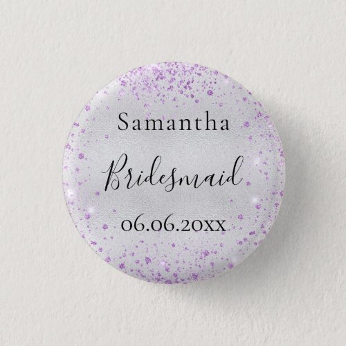 Bridesmaid silver violet sparkle elegant name button