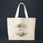Bridesmaid Spring Floral Personalized Wedding Large Tote Bag<br><div class="desc">This modern design features a spring floral in pretty coral,  yellow,  teal and navy blue with your personalized name with "Bridesmaid" below in navy blue typography. Personalize by editing the text in the text box provided.</div>