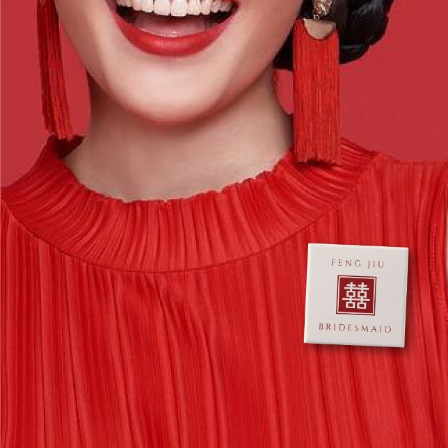 BRIDESMAID Square Double Happiness Chinese Wedding Pinback Button (BRIDESMAID Red/Ivory White Classic Square Double Happiness Wedding Button @ fatfatin_red_knot)