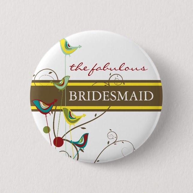 BRIDESMAID Summer Birds And Swirls Wedding Button (Front)