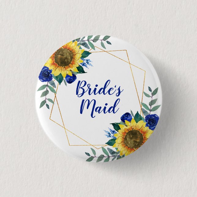 Bridesmaid Sunflower Geometric Blue Floral Button (Front)