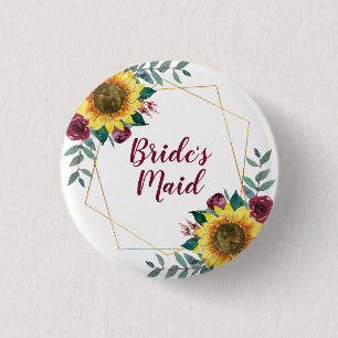 Bridesmaid Sunflower Geometric Burgundy Button