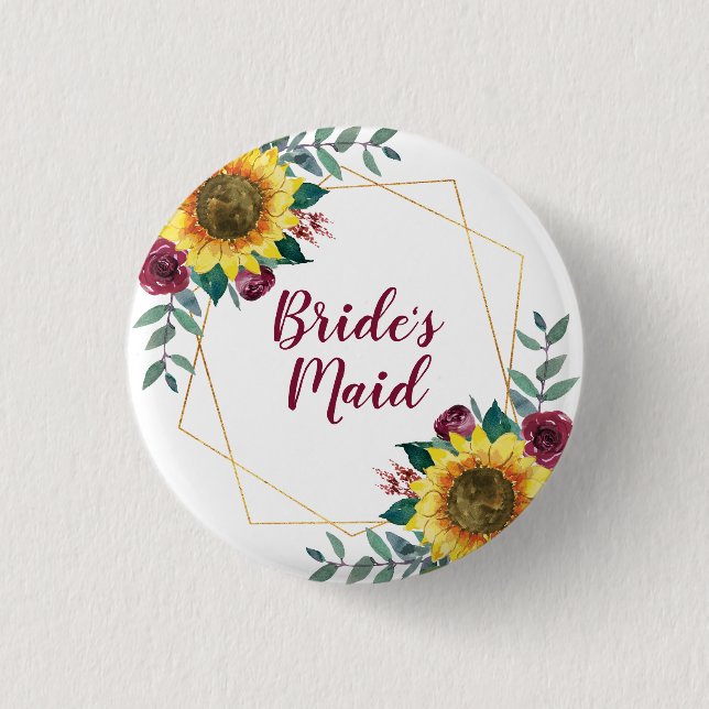 Bridesmaid Sunflower Geometric Burgundy Button (Front)