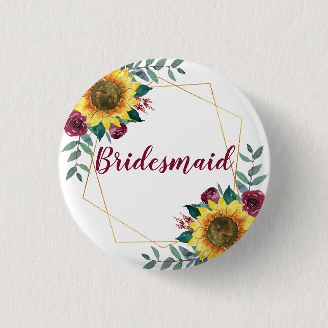 Bridesmaid Sunflower Geometric Burgundy Button (Front)