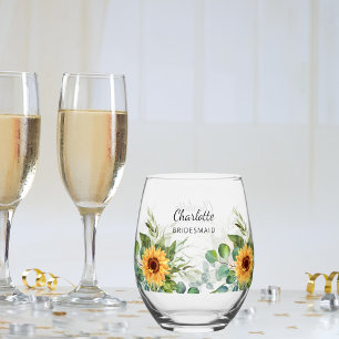 Bridesmaid sunflowers eucalyptus name stemless wine glass