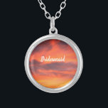 Bridesmaid Sunset Sky Orange Abstract Gift Favor  Silver Plated Necklace<br><div class="desc">Printed with abstract art of sunset sky with text template for "Bridesmaid"! This makes a beautiful gift or party favor for bridesmaids. You may change the text if you wish,  if you want to gift this to someone other than bridesmaid,  like flower girl,  mother of the bride etc.</div>