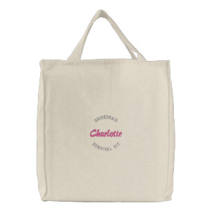 Bridesmaid survival kit pink embroidered tote bag