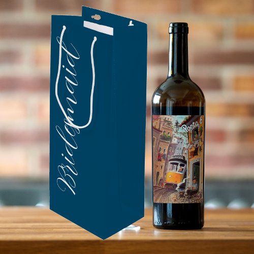 Bridesmaid Teal Blue Stylized Script Wine Gift Bag