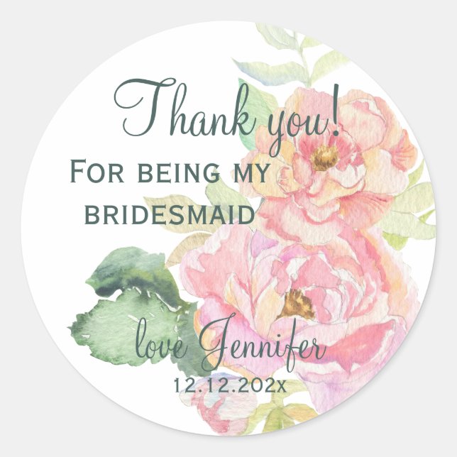 Bridesmaid Thank You Pink Rose Flower Classic Round Sticker (Front)