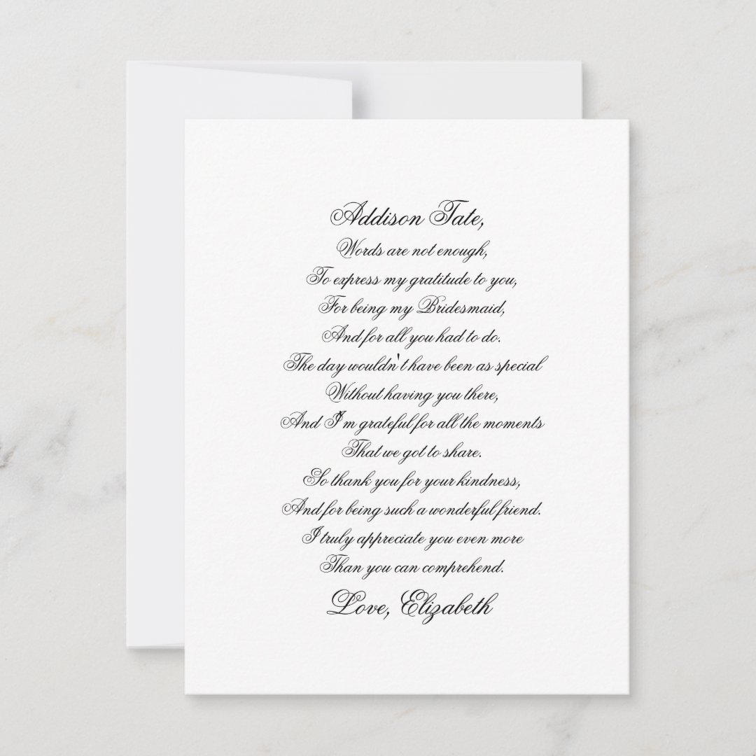 Bridesmaid Thank You Script Poem Card | Zazzle