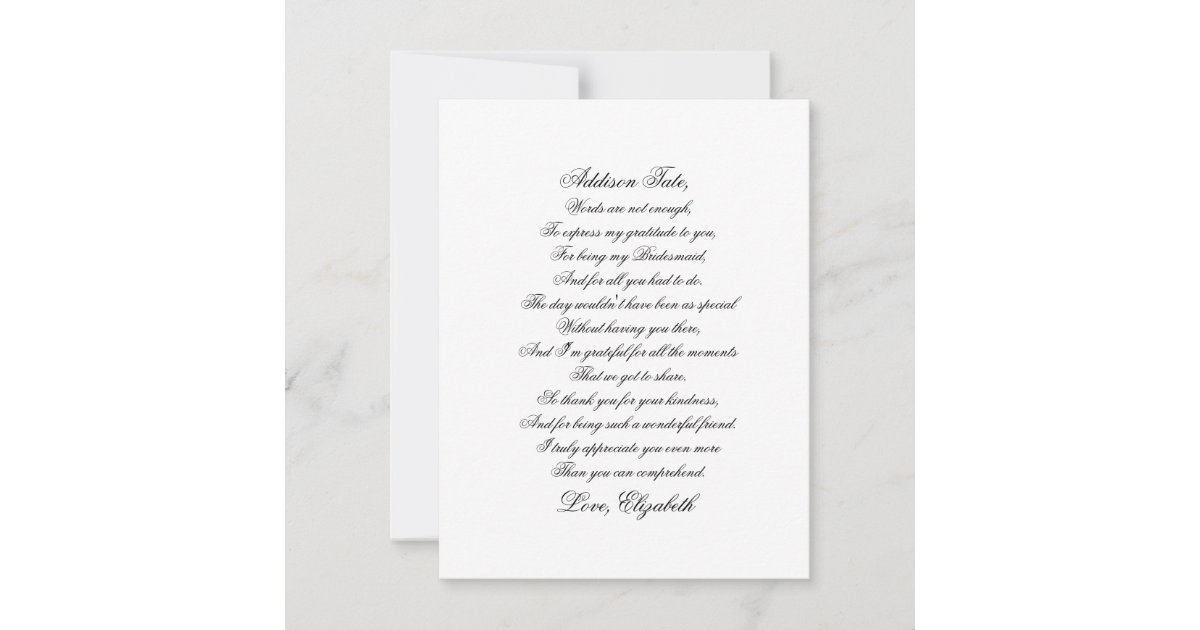 Bridesmaid Thank You Script Poem Card | Zazzle