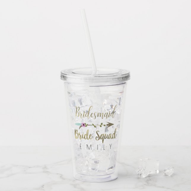 Bridesmaid Tribal Floral Arrow Gold Wedding Acrylic Tumbler (Front Ice)