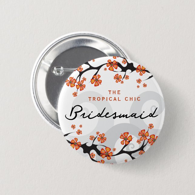 BRIDESMAID Tropical Flower Swirls Wedding Name Tag Button (Front & Back)
