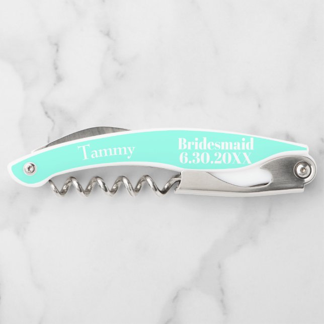 Bridesmaid Turquoise Blue Wedding Favor Corkscrews (Back)