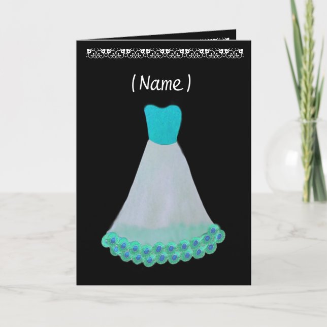 Bridesmaid TURQUOISE & WHITE Gown & Flowered Trim Invitation (Front)