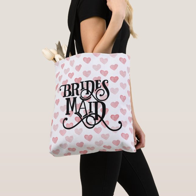 Bridesmaid Typography Watercolor Heart Pattern Tote Bag (Close Up)