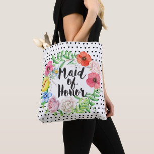 Bridesmaid Typography Watercolor Rose Wreath Tote Bag