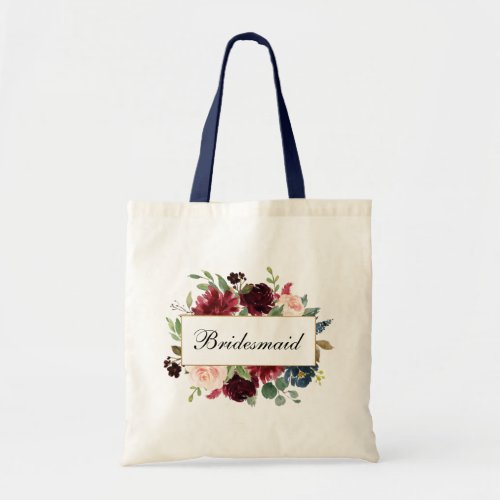 Bridesmaid Watercolor Burgundy Blue Floral B Tote Bag