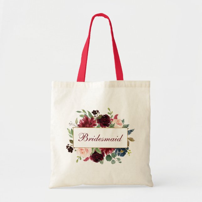 Bridesmaid Watercolor Burgundy Blue Floral R Tote Bag (Front)