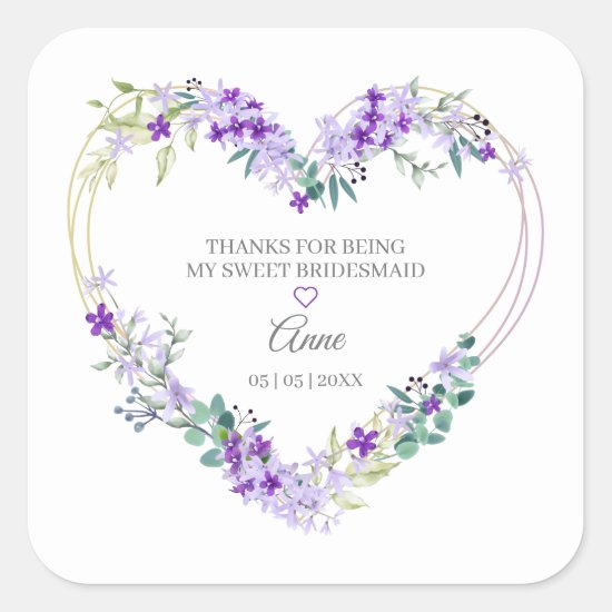 Bridesmaid Watercolor Floral Heart in Purple Square Sticker