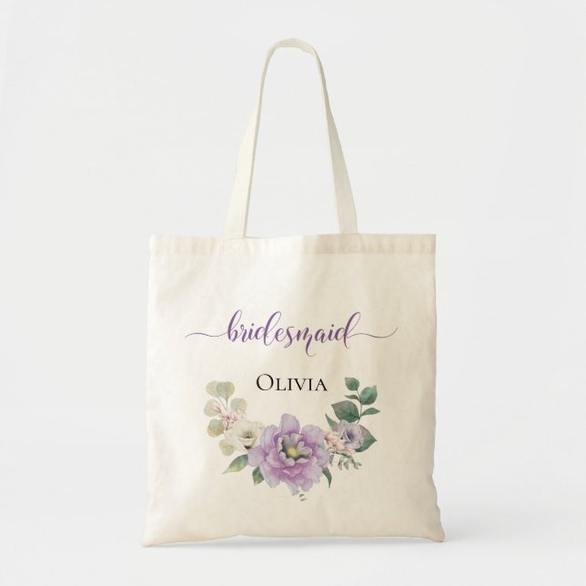 Bridesmaid Watercolor Floral Peony Lavender Tote Bag (Front)