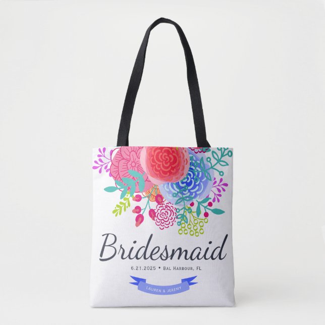 Bridesmaid Watercolor Script Floral Tote Bag (Front)