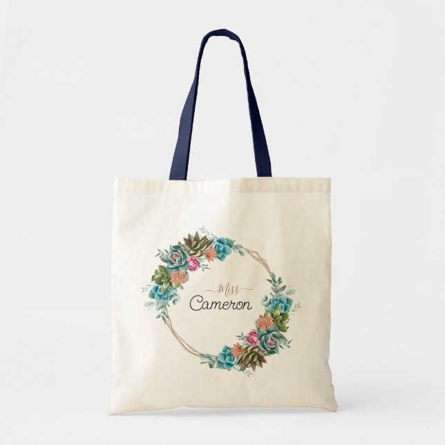 Bridesmaid Watercolor Succulents Floral Tote Bag (Front)