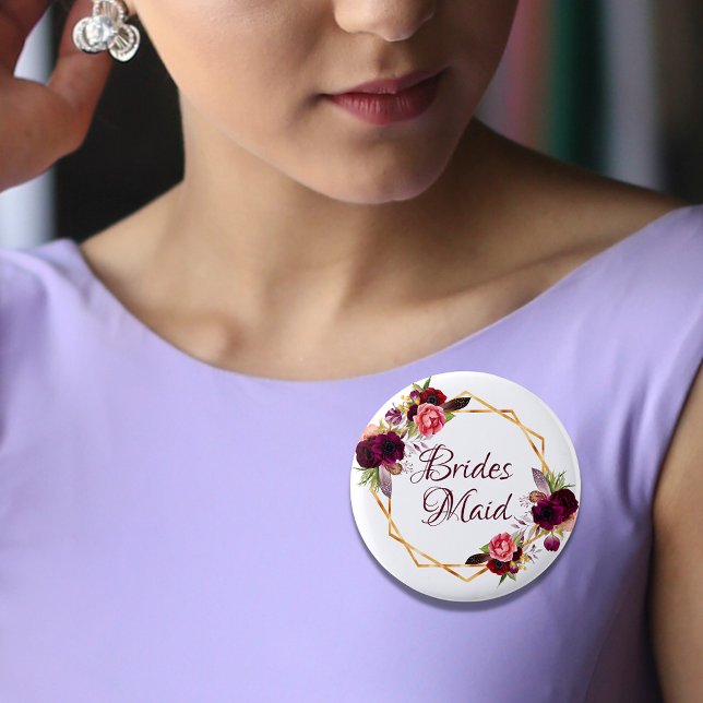 Bridesmaid watercolored florals burgundy gold button (Creator Uploaded)
