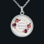 Bridesmaid watercolored florals burgundy sterling silver necklace<br><div class="desc">A trendy bohemian boho style gift for the Bridesmaid. Decorated with watercolored roses in burgundy and pink.  Elegant white background. A faux gold geometric frame. With the text: Bridesmaid written with a hand lettered style script.  Template for the Bridesmaid name name and a date. Burgundy colored letters.</div>