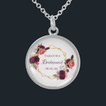 Bridesmaid watercolored florals burgundy sterling silver necklace<br><div class="desc">A trendy bohemian boho style gift for the Bridesmaid. Decorated with watercolored roses in burgundy and pink.  Elegant white background. A faux gold geometric frame. With the text: Bridesmaid written with a hand lettered style script.  Template for the Bridesmaid name name and a date. Burgundy colored letters.</div>