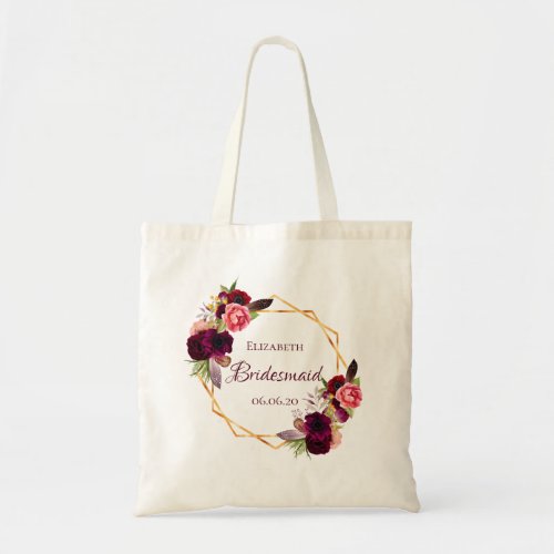 Bridesmaid watercolored florals burgundy tote bag