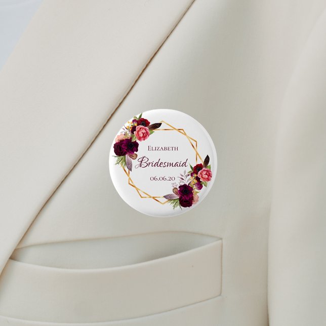 Bridesmaid watercolored florals burgundy white button (Creator Uploaded)