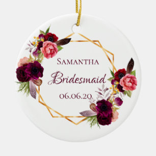 Bridesmaid watercolored florals burgundy white ceramic ornament