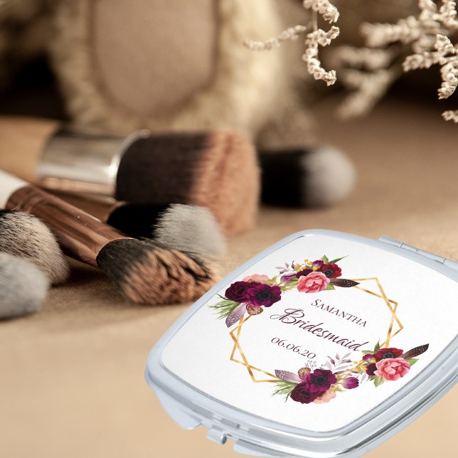 Bridesmaid watercolored florals burgundy white compact mirror (Creator Uploaded)