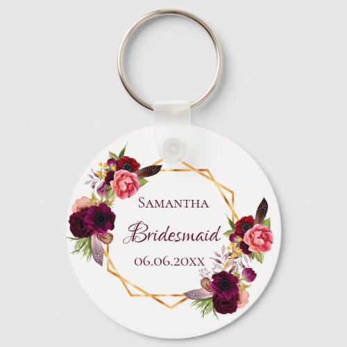 Bridesmaid watercolored florals burgundy white keychain