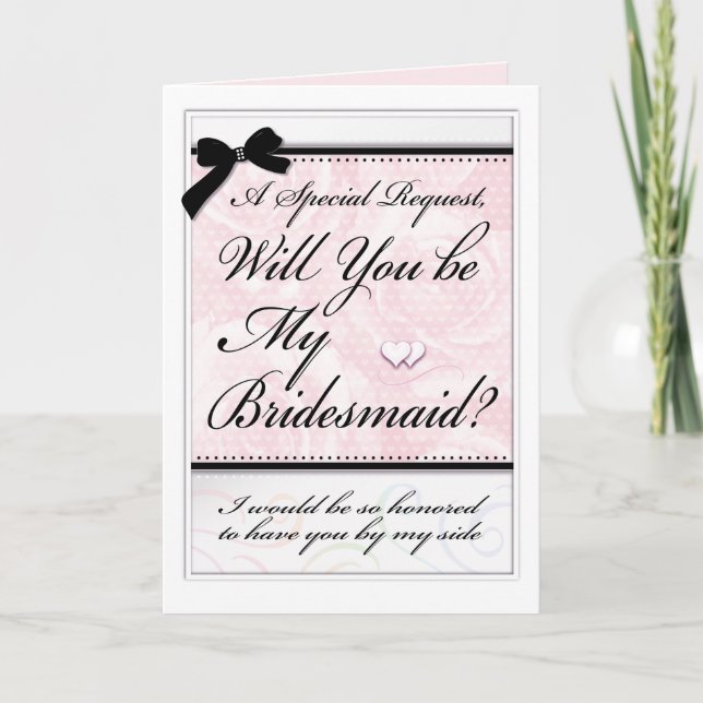 Bridesmaid Wedding Beautiful Pink Roses and Hearts Card (Front)