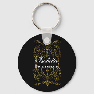 Bridesmaid Wedding Favor Black Gold Ornate B029 Keychain