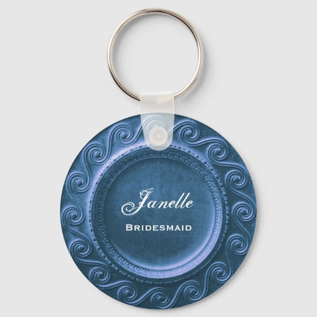 Bridesmaid Wedding Favor Blue Curlicue Frame B035 Keychain (Front)